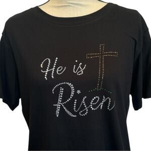 Rhinestone Easter Cross He Is Risen T-Shirt Short Sleeve Black Tee NEW Sparkly!